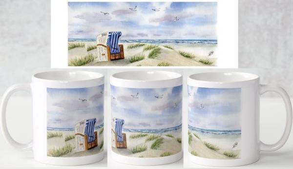 Tasse Becher Kaffeebecher  Aquarell Maritim Kunst Druck Kunstdruck Strandkorb Dänemark Nordsee Ostsee Dünen Meer Strand Möwe SyltTasse Becher Kaffeebecher Aquarell Kunst Maritim Druck Kunstdruck Strandkorb Sylt Nordsee Meer Möwe Strand Dünen